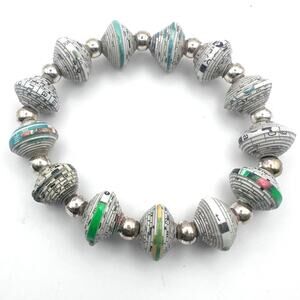 Artisan Lagenlook Paper Beaded Bracelet Grey Jewelry Boho Bohemian Lightweight